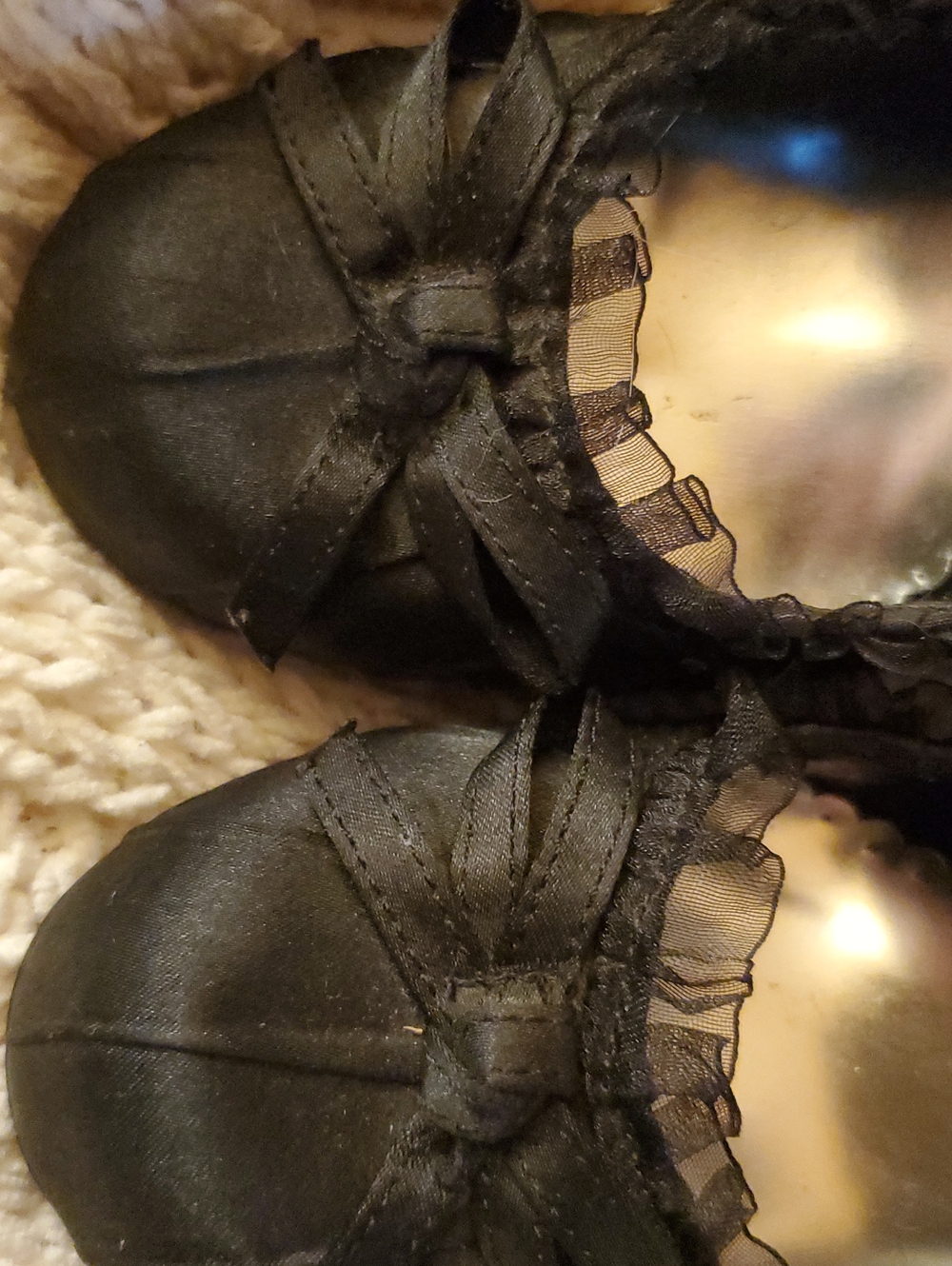Pulse Black Satin Ruffle Bow Heels with Rhinestone Trim - Picture 4 of 6